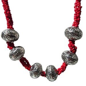 Vintage Red Glass Bead Chunky Necklace Silver Tone Filigree Beads Fashion Women